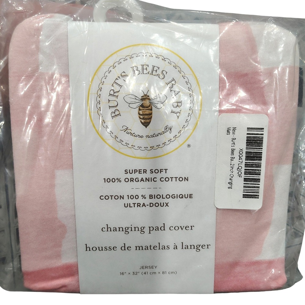 NEW Burt's Bees Baby Organic Cotton Jersey Changing Pad Cover Pink White Stripes